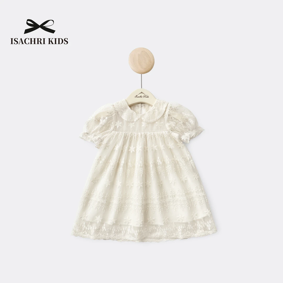 晶晶家【现发】流星 刺绣软蕾丝女儿童夏装连衣裙娃娃领公主裙IS471