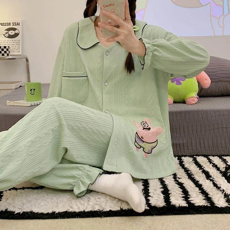 2024春秋款睡衣女士新款棉质长裤长裤开衫秋天套装可爱卡通家居