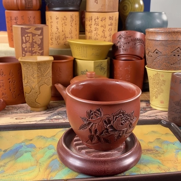 紫砂茶杯管庆飞荷花杯龙血砂