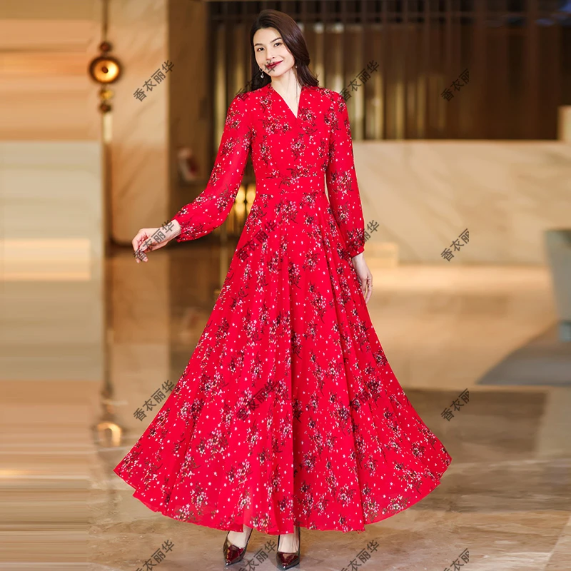 28A-红底小白星春夏长袖V领花色长款过膝大摆连衣裙修身显瘦长裙