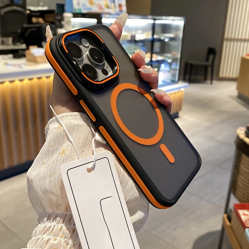 适用iPhone16手机壳撞色肤感磁吸镜头支架苹果15防滑边高级感硬壳