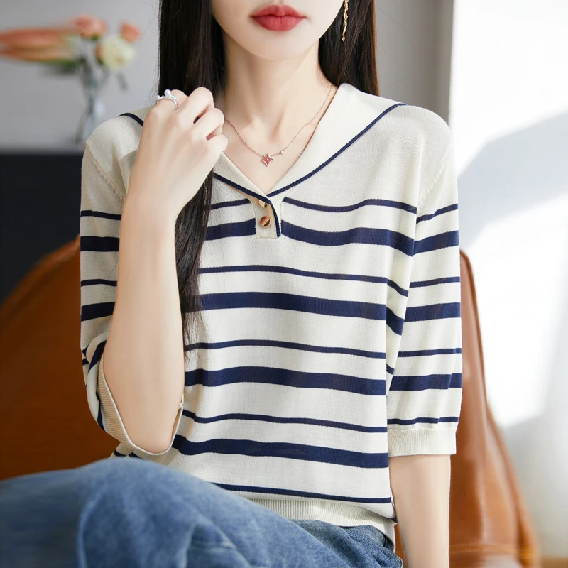 春夏热销~100%莱赛尔天丝海军领条纹长袖短袖针织衫冰凉透气T恤