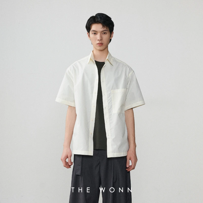 THE WONN抗皱易打理米色五分袖廓型衬衫定番通勤休闲短袖衬衫