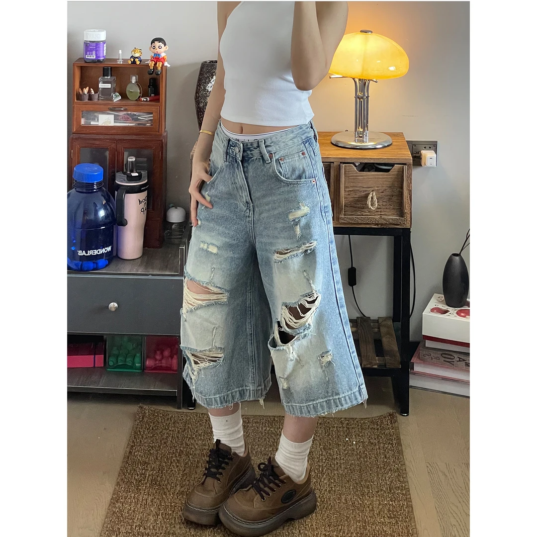 美式高街破洞复古做旧水洗七分牛仔裤女夏季新款宽松阔腿直筒中裤