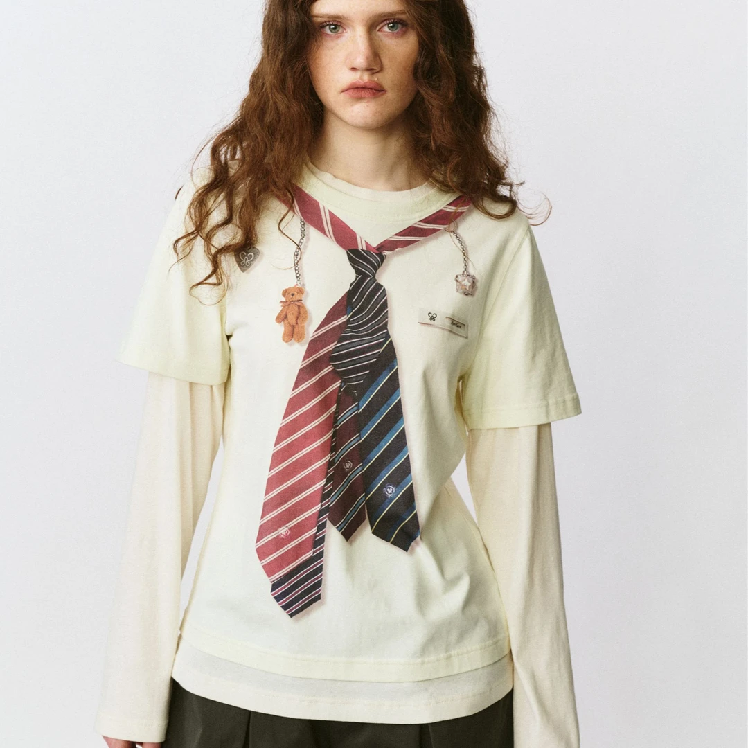 FORDARE/福蝶25早秋趣味领带挂饰假两件长袖