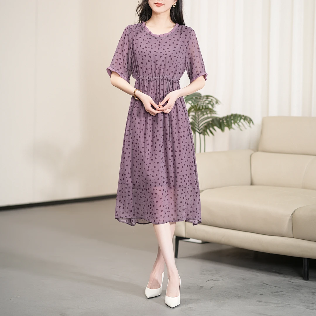 【夏季新款】复古港风紫色波点洋气收腰花边领连衣裙CS5793 裙长110