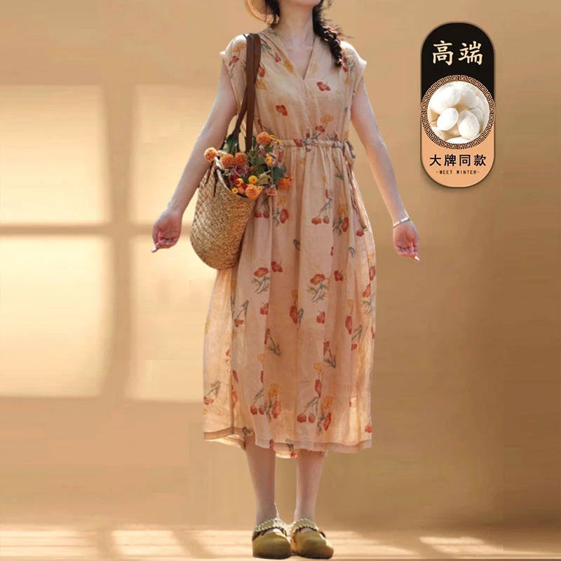 亚麻连衣裙夏季时尚新款文艺复古洋气休闲风气质碎花印花优雅长裙