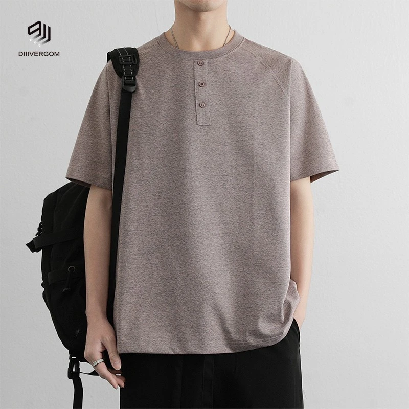 DIIIVERGOM日系潮流个性宽松短袖恤男士夏季薄款百搭纯色冰丝亨利