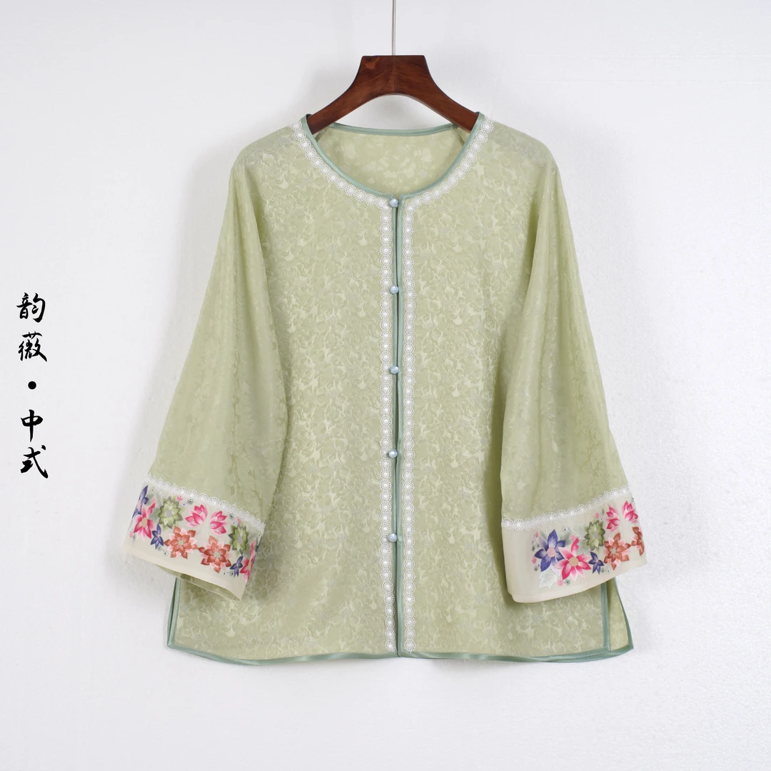 袖口随机刺绣薄款圆领上衣常规款新中式中国风复古女装10032