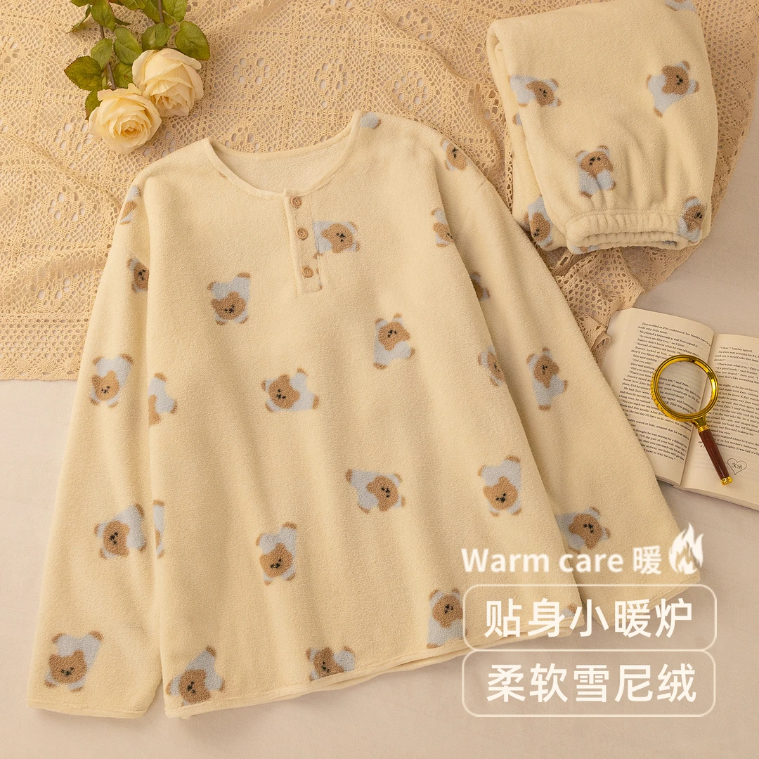 雪尼绒秋冬季新款睡衣女士加绒套头可爱小熊保暖家居服套装珊瑚绒