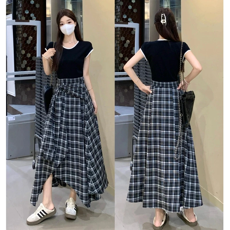 MO88ZSPF大码胖mm收腰显瘦黑色上衣拼接休闲格子假两件连衣裙女
