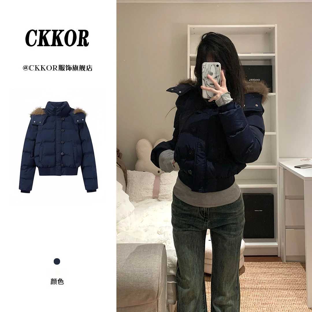 CKKOR韩版慵懒风拉链短款派克服新款爆款加厚保暖毛领连帽棉服女