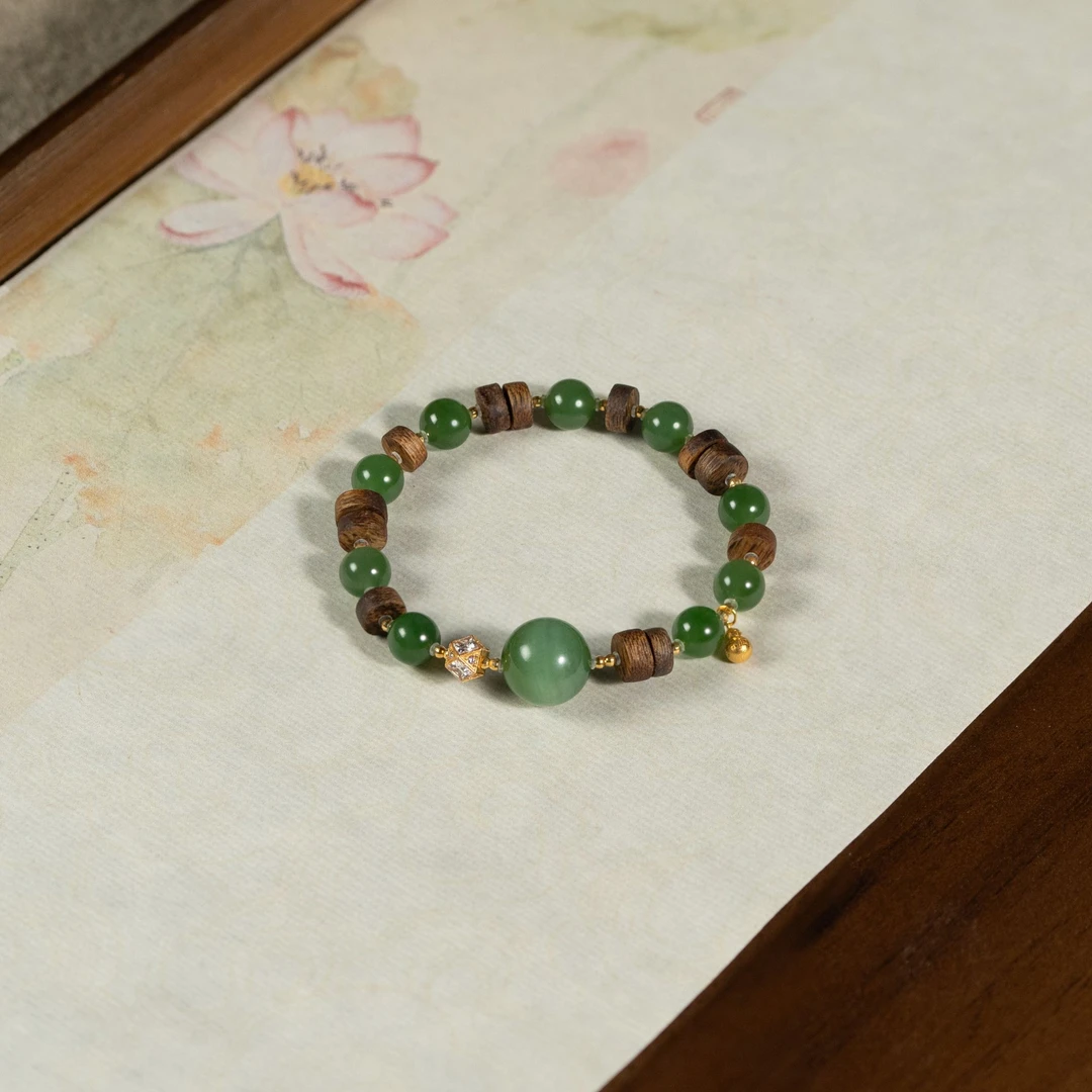 【清幽】花奢珠宝 和田碧玉+沉香18K金手串（多样性发货）