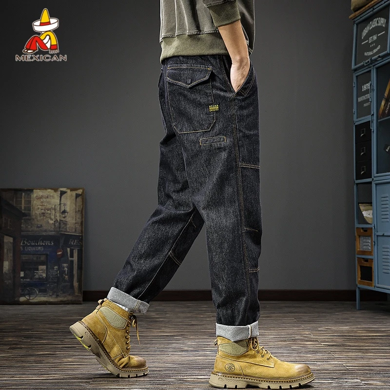 Mexican/稻草人秋季直筒牛仔裤男款美式潮牌宽松机能工装休闲裤子