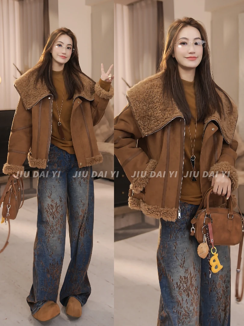 玖黛衣【法式庄园】冬季加厚保暖翻领纯色复古外套WTP46192