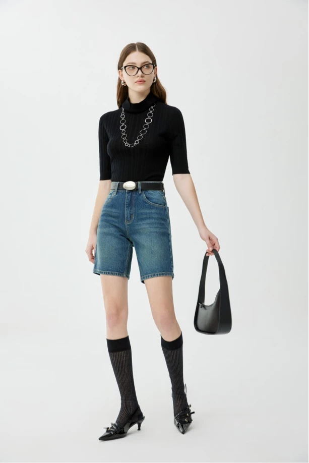 2025春季土耳其蓝牛仔裤宽松直筒四分骑行裤子