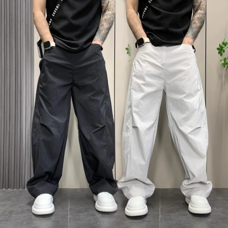 秋冬新款美式大口袋工装直筒裤阔腿裤痞帅拼接弯刀裤男士哈伦裤子