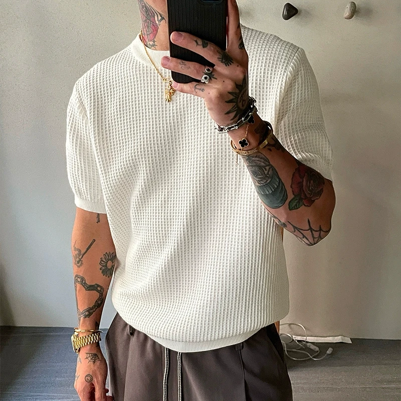 OXFREAK「老钱风 肌理方格」纯色正肩短袖t恤男修身打底圆领半袖