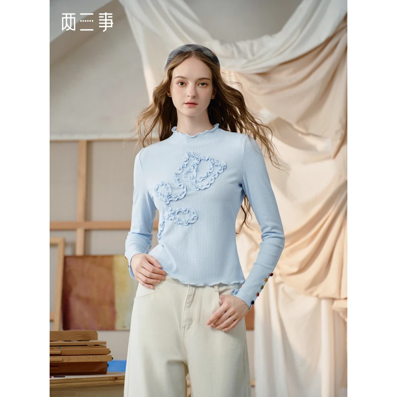 【小呆鸟专享】两三事梵高文艺奶油丝绒木耳边立体花纽扣长袖t恤