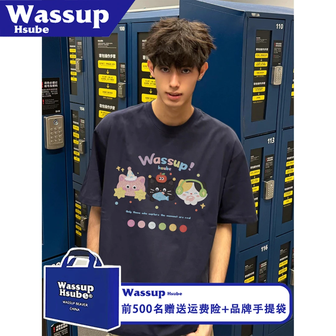 WASSUP HSUBE个性时尚夏季休闲印花短袖T恤艺术小猫男女款纯棉tee