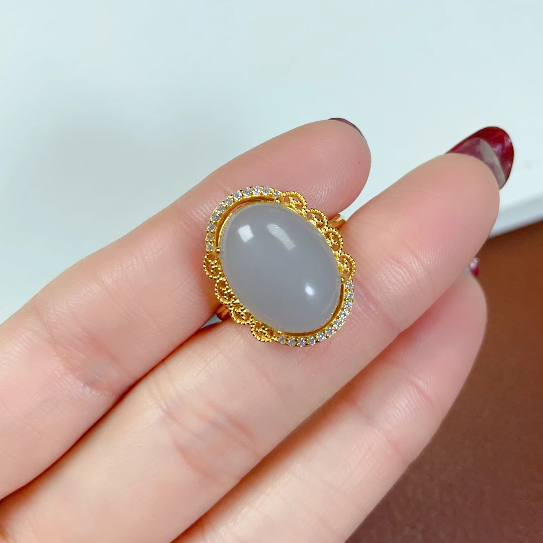 天然和田玉烟紫大蛋面戒指银镶玉女戒鸽子蛋戒指时尚轻奢气质