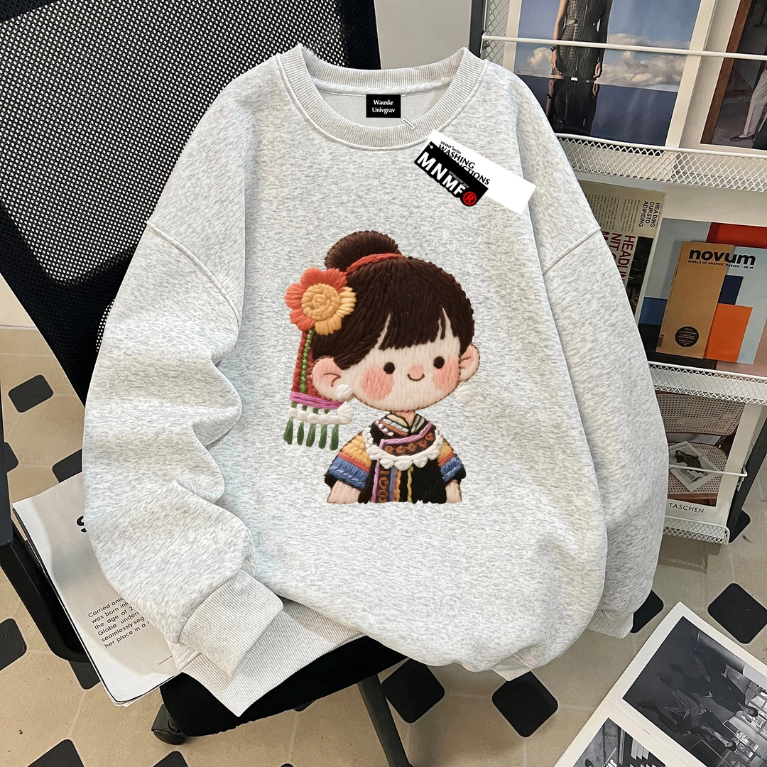 2025秋冬新款女童薄款圆领卫衣卡通小女孩仿刺绣中大童洋气上衣服