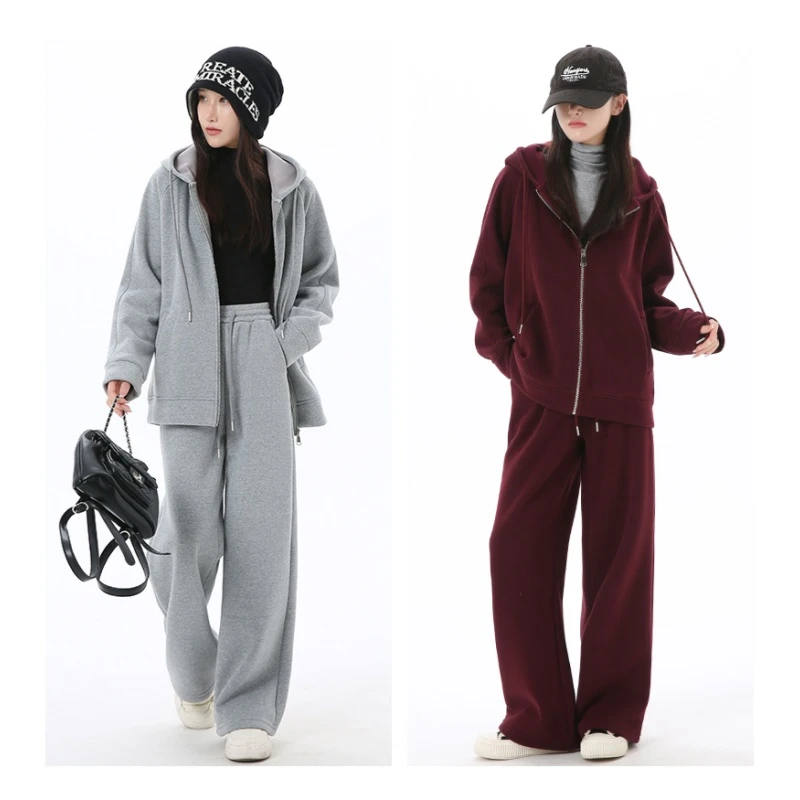 加绒时尚运动连帽拉链休闲套装女秋冬百搭宽松开衫卫衣卫裤