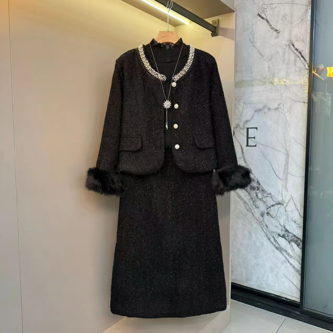 2025秋上新高级小香风撒星款设计洋气钉珠显瘦外套+裙子套装1735