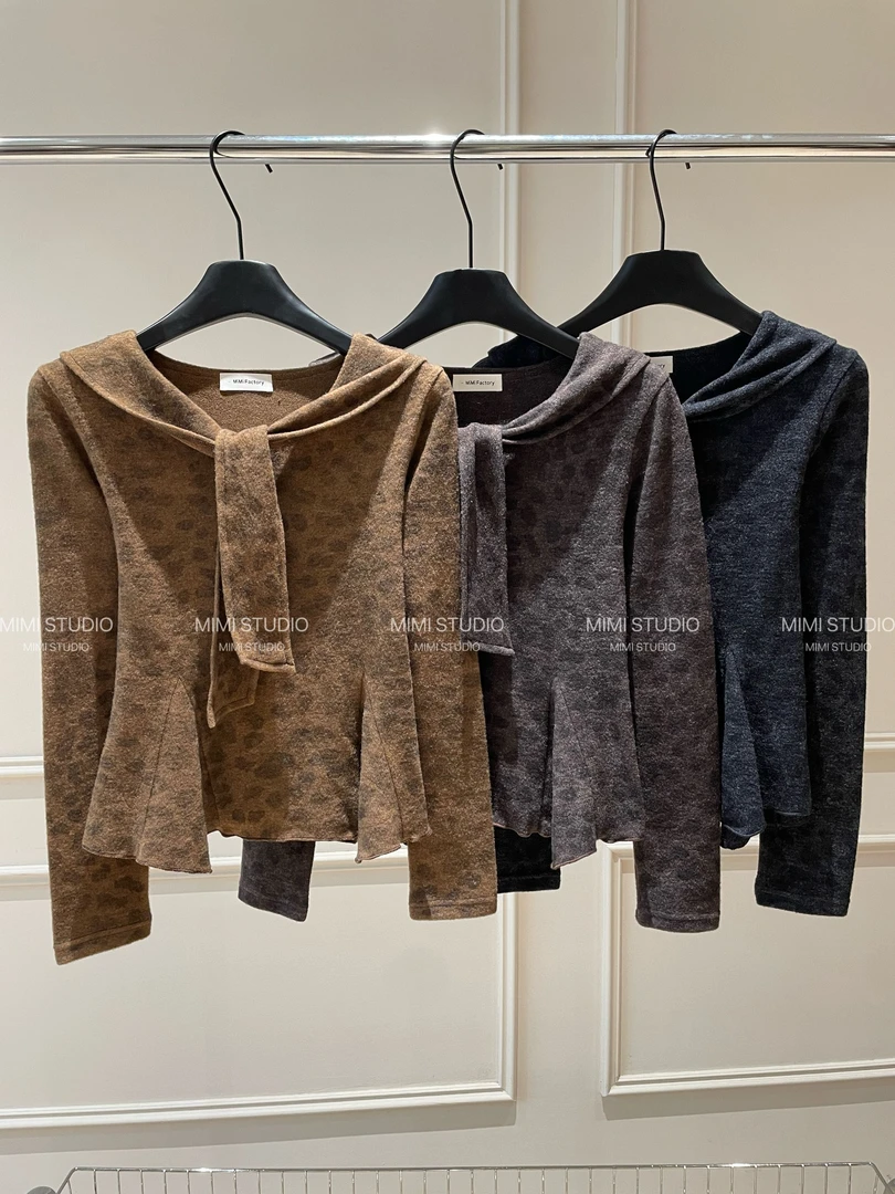 2025秋冬新款 荷叶领绑带气质长袖女显瘦百搭时尚上衣811#