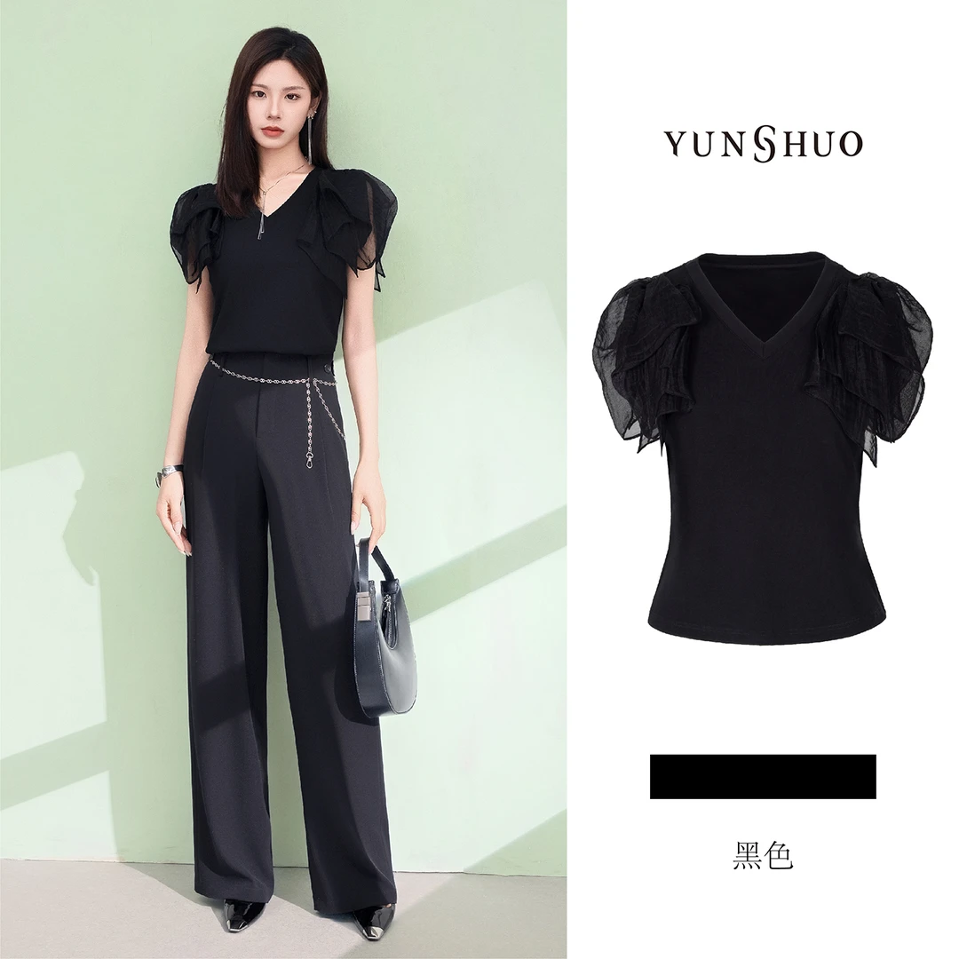 允硕新品百搭拼接无袖V领女气质高智感简约黑T恤短袖上衣345208