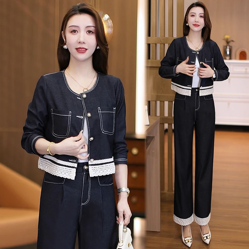 韩版蕾丝边牛仔套装女2025春新款时尚减龄气质上衣直筒裤两件套