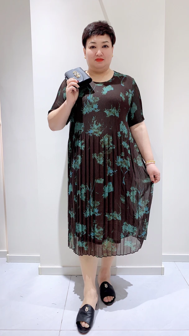 印花百褶短袖连衣裙26219