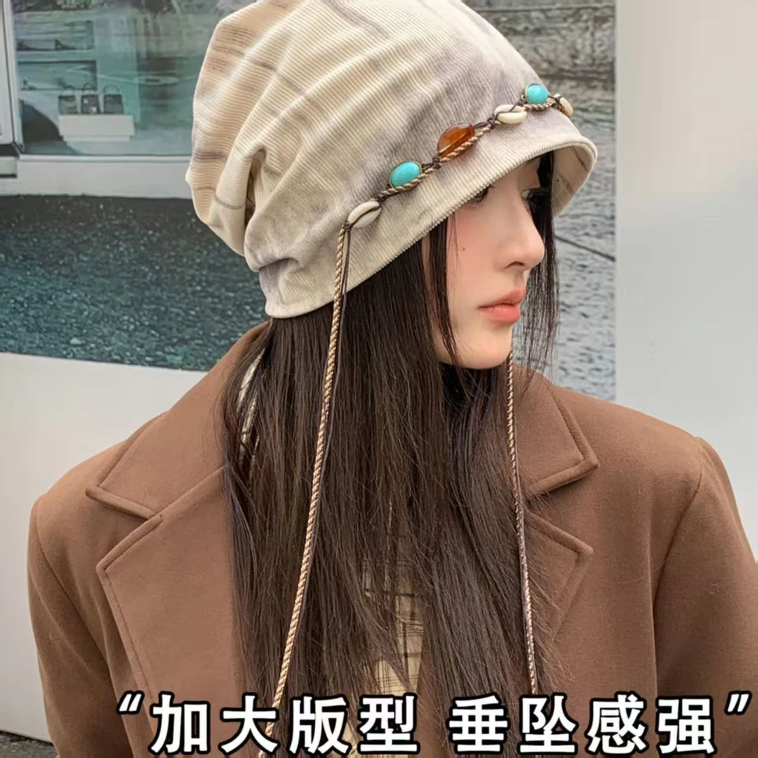 复古串珠流苏包头帽子女春秋季新款透气百搭显脸小民族风堆堆帽潮