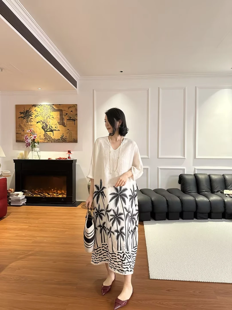 GU JIFEN｜都市假日｜法式轻奢椰树印花宽松A字连衣裙女 0746X55979