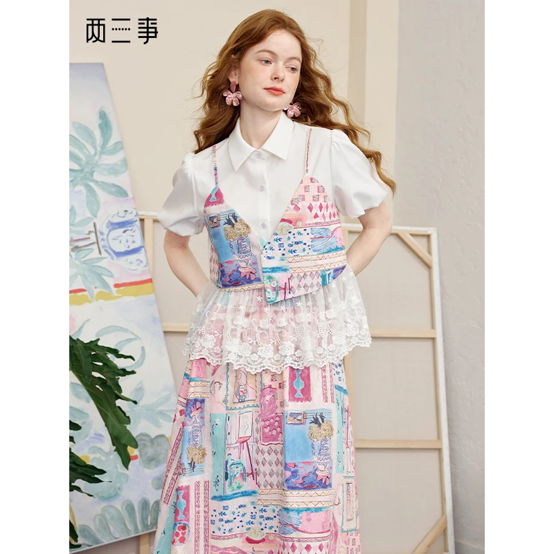 两三事甜梦艺廊2025夏新款甜美印花假两件上衣半身裙两件套女套装