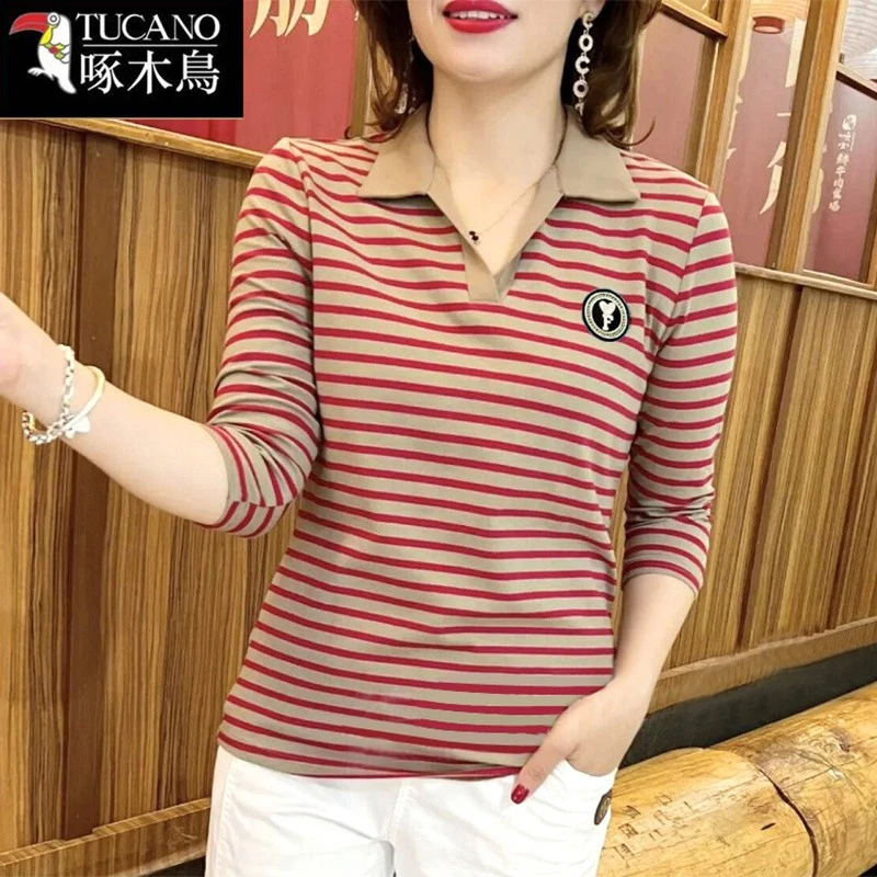 啄木鸟2025年新款条纹拼色上衣春秋女士韩版通勤翻领长袖打底T恤