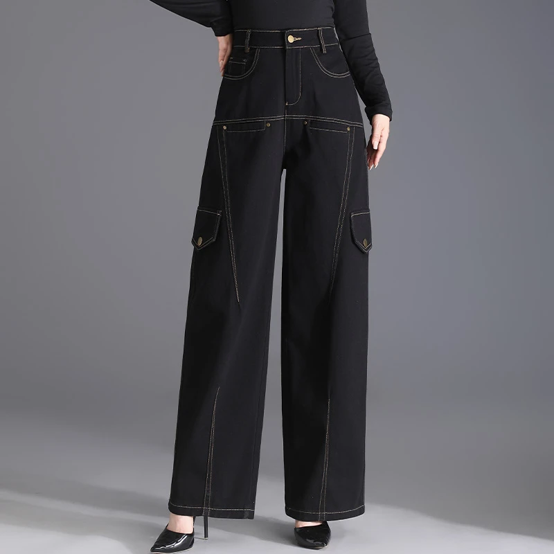黑色拼接高腰坠感百搭女2025春秋新款高腰宽松显瘦直筒裤梨型窄版