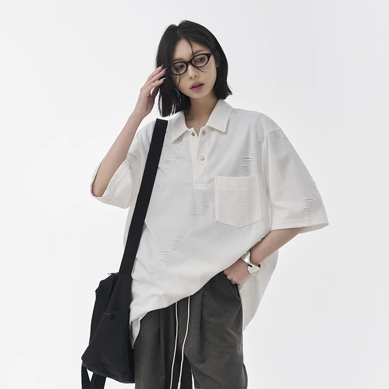 万有引力博物馆 破洞廓形宽松POLO领短袖T恤女夏季新款上衣POLO衫