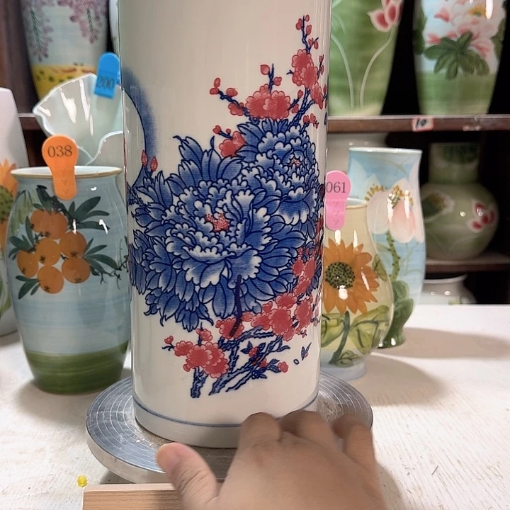 直筒青花红牡丹新款新款陶瓷陶瓷