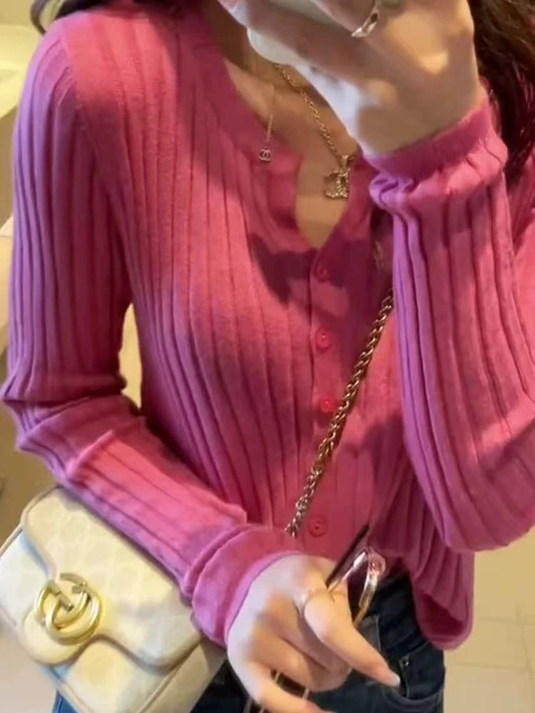 【羊城故事】0055秋季v领针织开衫显瘦长袖上衣内搭打底衫