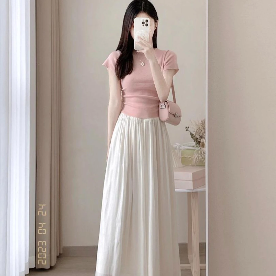 多巴胺穿搭一整套女2025春夏新款粉色针织衫搭配半身裙裤两件套装
