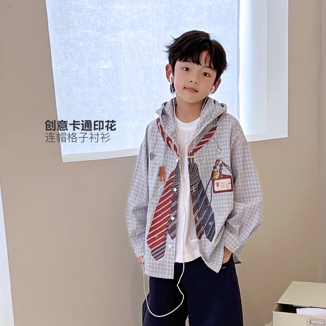 男童潮牌秋款潮牌肌理感满印中大童连帽格子衬衫儿童5097722O2