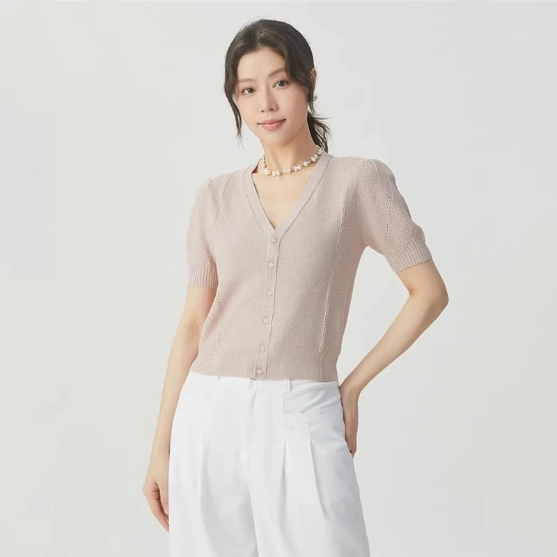 【商场同款】2025夏新款冰丝V领针织短袖开衫5499253
