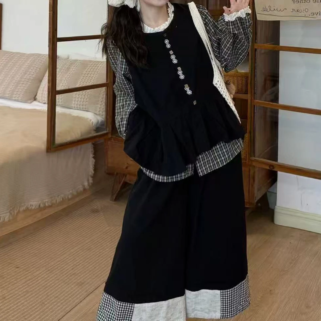 设计感格子长袖衬衫叠穿宽松马甲搭配阔腿裤秋季套装