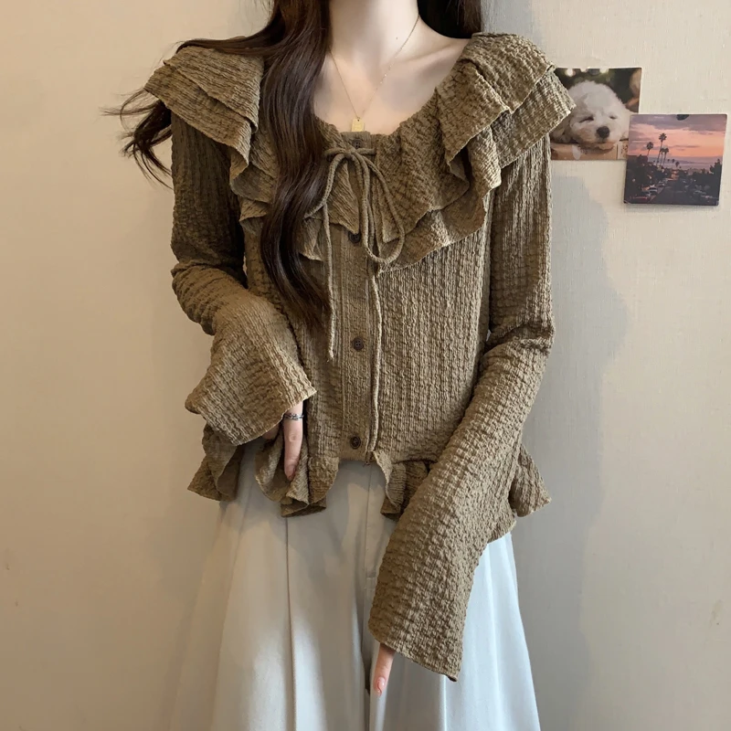 欧若风荷叶边衬衫大码女装法式圆领蝴蝶结收腰显瘦别致长袖上衣秋