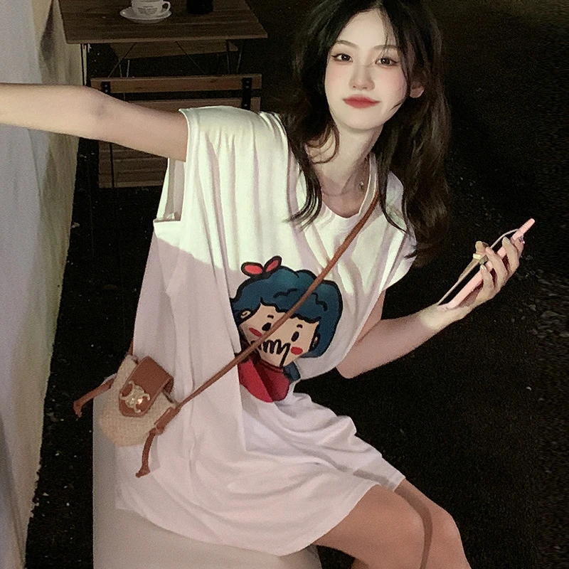 白色ins插肩袖t恤女夏季2025新款宽松长款连衣裙chic港味上衣潮牌