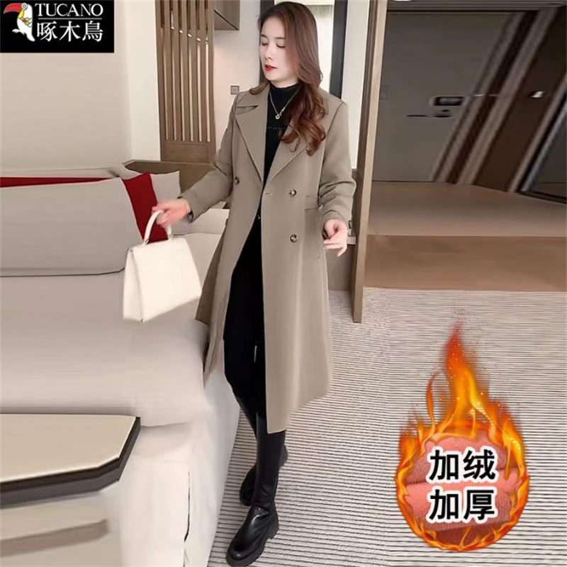 啄木鸟中长款秋季西装领轻职风外套2025年新款加绒秋冬保暖风衣女