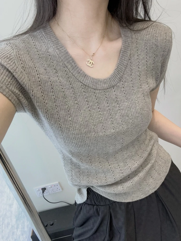 新款水滴领小香风针织短袖女百搭修身显瘦气质软糯镂空T恤上衣夏