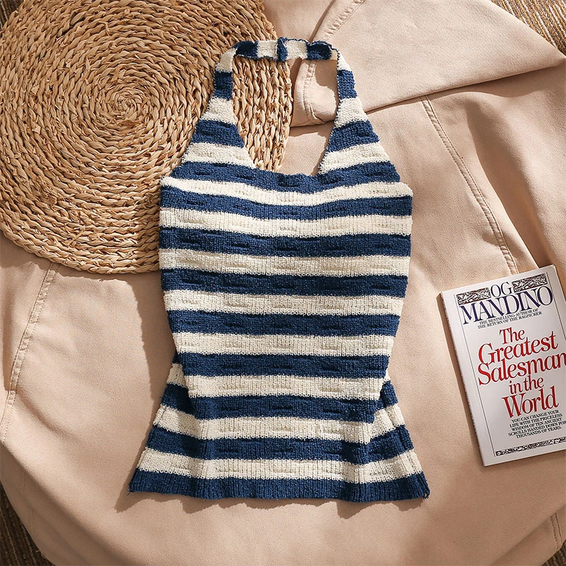 蓝白撞色条纹挂脖吊带背心女夏季小众大露背性感辣妹无袖上衣