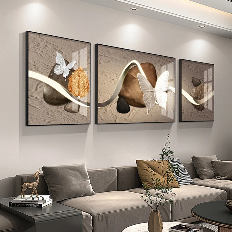 石来运转客厅装饰画立体感蝴蝶沙发背景墙挂画高级感三联壁画